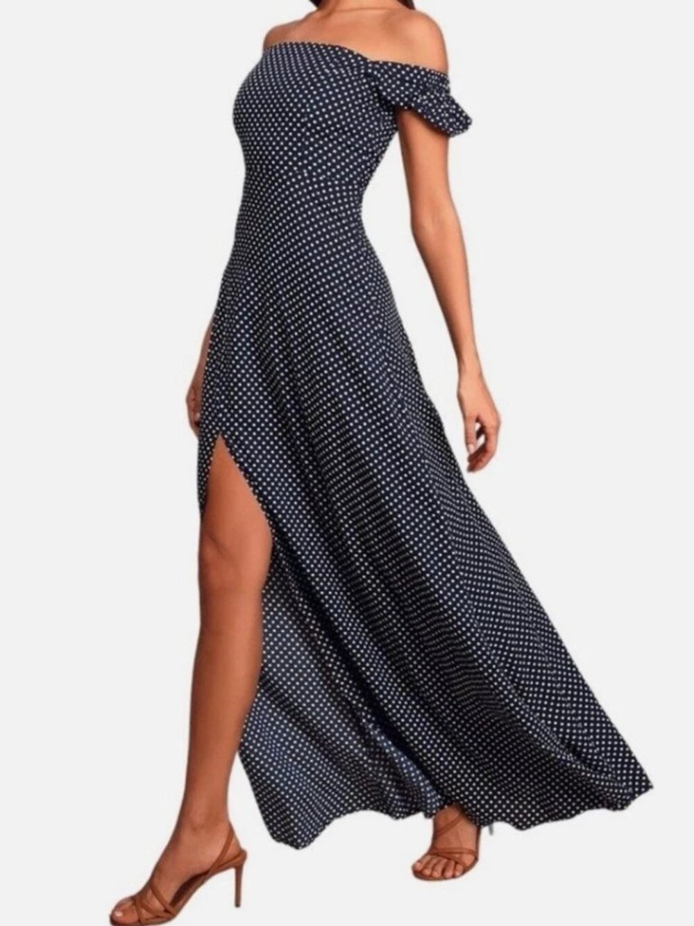 Lulus Dream Love Navy Blue Polka Dot Off the Shoulder Maxi Sundress Size Large - Picture 2 of 12